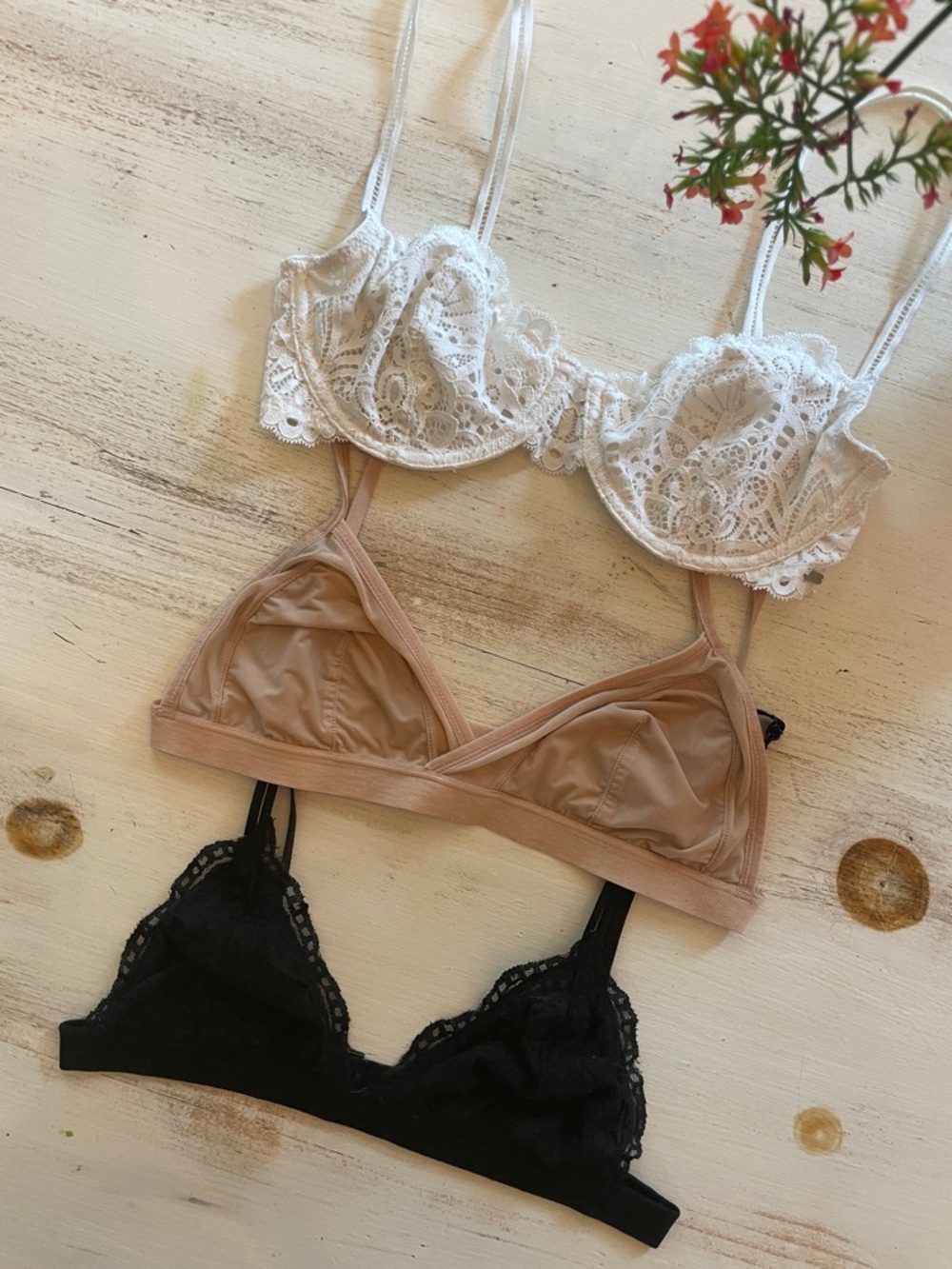 Three-Piece Lace & Mesh Bralette Set - White, Nude, Black